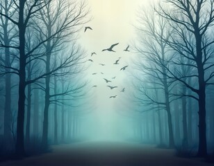 Poster - Misty forest landscape. Birds fly over bare trees in quiet forest. Peaceful, serene atmosphere. Nature scene, tranquil landscape. Suitable for eco tourism posters, nature photography websites, book