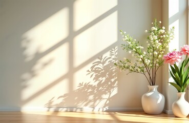 Poster - Empty room with sunlight casting shadows of tropical plants on white wall. Beautiful flowers in white, pink vases stand on light wooden floor. Soft light enhances elegant display perfect for organic