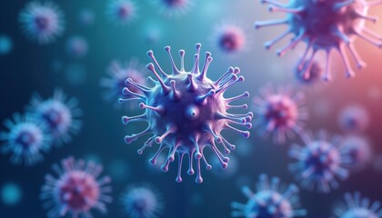 Poster - Microscopic view of multiple human cells in vibrant blue background. Focus on central cell, displaying detailed structure, intricate shapes. Scientific illustration highlights cell components.