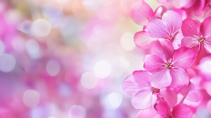 Aufkleber - Bright pink flowers bloom in a soft pastel background with gentle light reflections creating an enchanting atmosphere. Generative AI