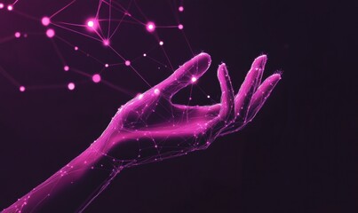 A hand reaching out towards an AI network, glowing with digital connections and data points in the background The scene is set against a dark purple backdrop Generative AI