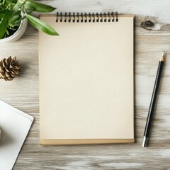 Aufkleber - Workspace featuring a blank notepad with a pencil, a plant, and decorative elements on a wooden table. Generative AI