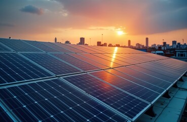 many blue photovoltaic solar panels mounted on building roof at sunset. city skyline visible in back