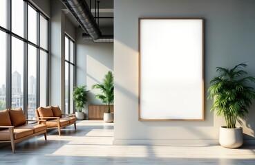 Aufkleber - Modern office interior mockup shows blank frame with copy space. Empty reception area with light brown leather armchairs. Sunlight streams in through large windows city view. Wooden cabinets,