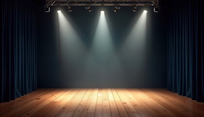 Aufkleber - Empty stage with three spotlights shining brightly. Dark blue curtains frame stage. Wooden floor provides neutral backdrop. Ideal for theater event. Suitable for entertainment performance. Modern