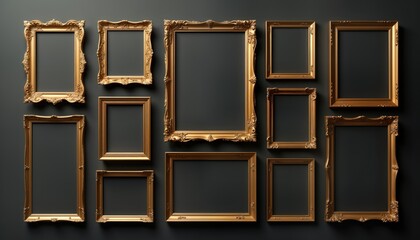 Aufkleber - Nine gold picture frames on dark background. Empty golden frames different sizes. Vintage style decorative picture frames. Classic style. Luxury design. Mockup for artwork photos. Collection for