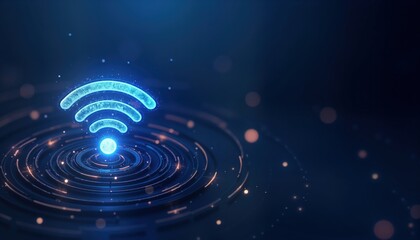 Fototapete - Futuristic tech design. Wireless wifi symbol. Abstract digital illustration. Blue background with glowing effects. Modern tech concept. Connectivity symbol. Digital art. Three-dimensional effect.