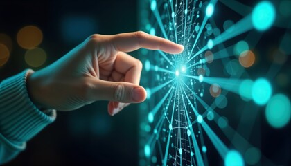 Poster - Close-up view of hand touching digital hologram interface. Interface displays interconnected data points representing artificial intelligence, network connectivity in data analysis, tech. Glowing