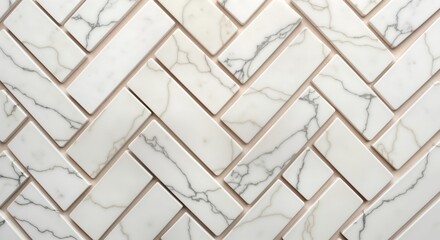 Poster - White herringbone marble tile pattern creates modern, elegant look. Seamless design makes perfect for floors walls in kitchens bathrooms interior space. Sophisticated tile pattern evokes sense of