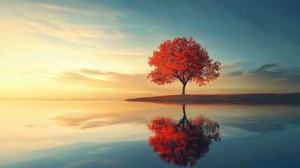 Poster - Beautiful autumn tree reflecting on calm water at sunset creating a serene landscape view. Generative AI