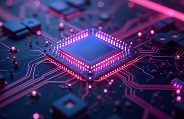Aufkleber - Closeup computer chip glowing with purple, pink light. Advanced technology circuit board. Modern tech design. Electronic components integrated. Network connection. Illustrates detailed microchip.