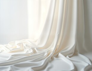 Poster - Elegant white silk drapes cascade gracefully against white backdrop. Soft folds, flowing drapes create sense of calmness, purity. Smooth texture, simple design suggest luxury, sophistication.