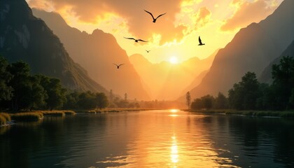 Aufkleber - Majestic mountains frame tranquil river valley at sunset. Birds soar gracefully in golden light. Green plants flanks water. Scenic landscape. Serene view. Peaceful scene. Beautiful golden hour.