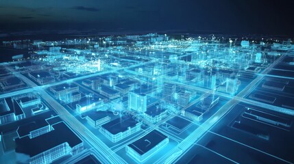 Poster - digital city blueprint at night with luminous infrastructure mapping data flow