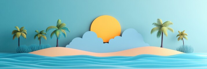 Poster - Beautiful tropical landscape with sun, clouds, and palm trees against a serene blue background in warm hues. Generative AI