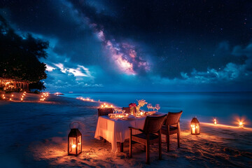 Poster - amazing beach dinner setting under milky ways night sky. luxury destination dining, honeymoon or ann