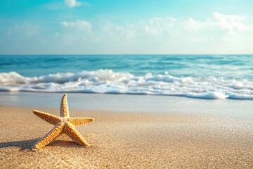Poster - Starfish resting on golden sand with gentle waves lapping on a sunny beach. Generative AI