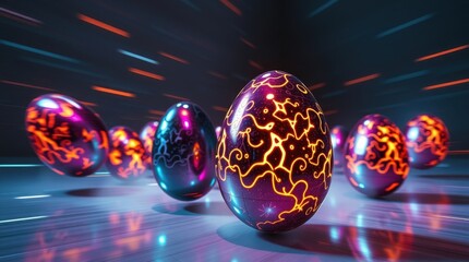 Poster - Vibrant cosmic easter eggs glow in a futuristic setting, creating an entrancing spectacle of light and color
