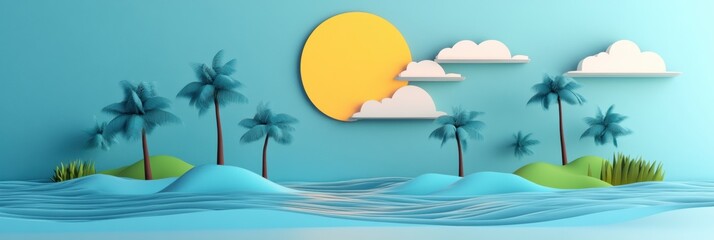 Poster - Colorful paper art landscape with sun, palm trees, and waves in bright summer scene. Generative AI