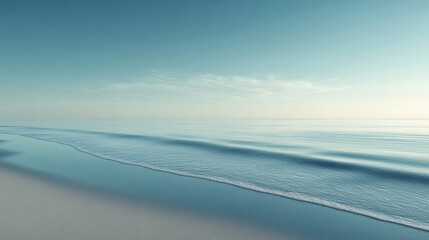Leinwandbilder - Calm ocean waves gently lap against a serene beach at sunrise in a clear sky. Generative AI