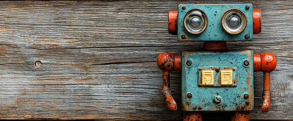 Poster - Rustic robot toy on wood; nostalgic tech background