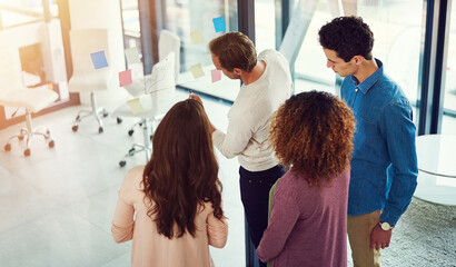 Poster - Above, office meeting and glass wall for sticky notes, discussion and planning with graph for report. Men, women and team for small business, strategy and collaboration for partnership or b2b project