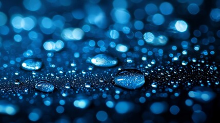 Poster - Blue Water Drops on Dark Surface, Bokeh Background, Abstract