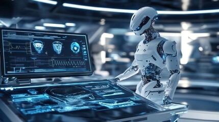 Poster - Futuristic AI Robot Working with Holographic Interface Displaying Complex Data