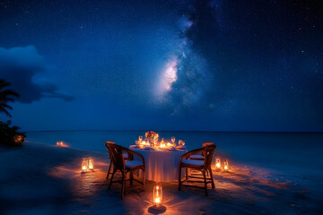 Poster - amazing beach dinner setting under milky ways night sky. luxury destination dining, honeymoon or ann