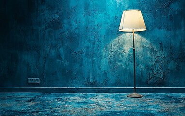 Poster - Floor lamp illuminates blue textured wall. Interior design, home decor