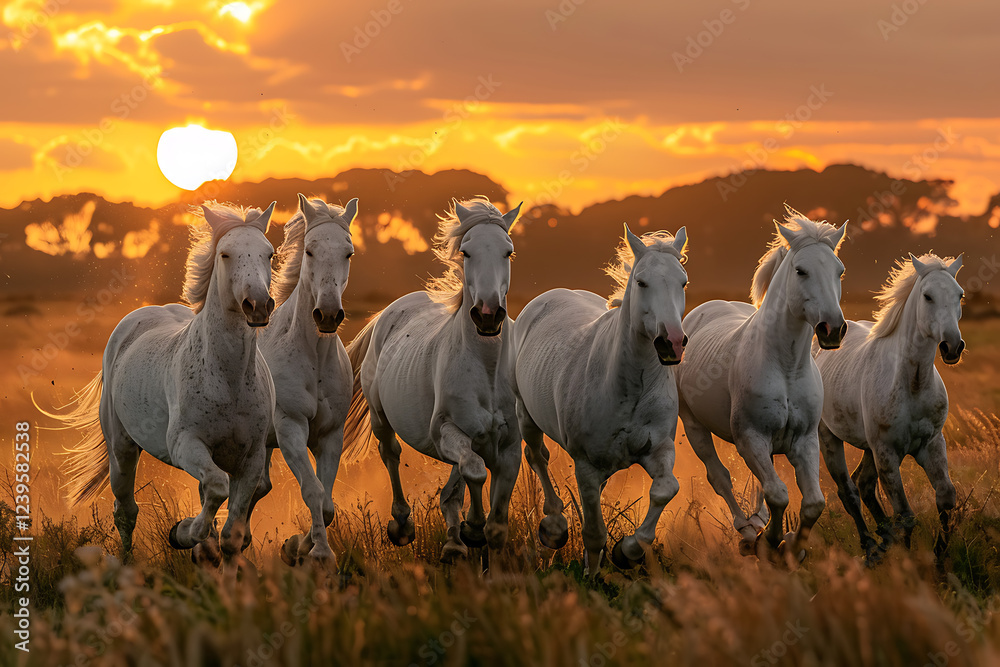 equine sunrise, ultra-realistic wallpaper featuring seven white horses ...
