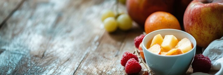 Leinwandbilder - Fresh fruit arrangement on wooden table featuring sliced apples, berries, and grapes in natural light. Generative AI