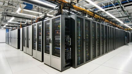 Poster - Data center server room with rows of racks and bright overhead lighting