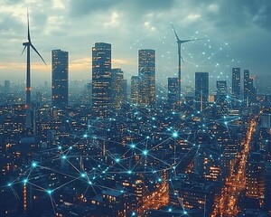 Poster - Smart city skyline, wind turbines, network connections, night