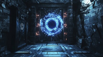 Poster - Mysterious futuristic portal glows in ancient stone structure with fiery sparks
