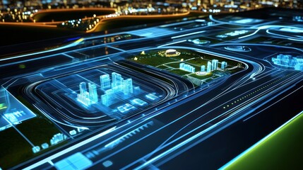 Poster - futuristic cityscape blueprint with glowing roads and building structures