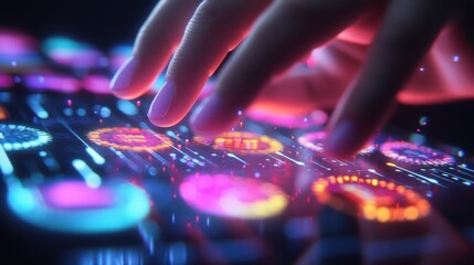 Poster - woman finger touching interactive holographic interface with glowing icons. lines. and data points. 