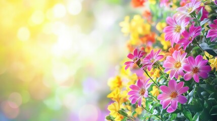 Poster - Colorful flowers blooming in a vibrant garden under warm sunlight during the spring season. Generative AI
