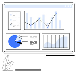 Wall Mural - Data analysis dashboard with bar graphs, pie chart, line graph, and report checklist. Ideal for business analytics, presentations, statistics, insights tracking, strategy planning management