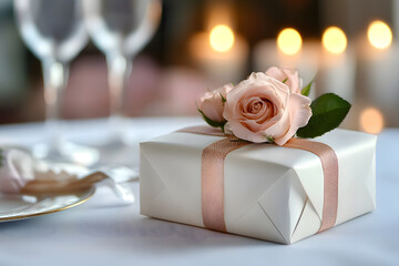 Wall Mural - Elegant gift wrapped with white paper and adorned with pink roses on a softly lit table setting