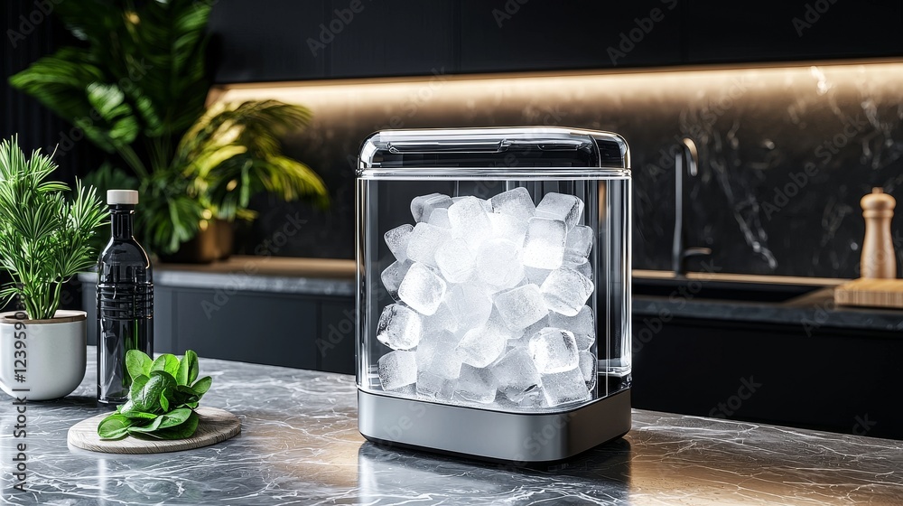 Automatic Ice Maker Future Ristic High-tech compact ice maker in a futuristic kitchen, water reservoir ...