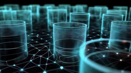 Poster - abstract futuristic network data representation with interconnected glowing cylinders