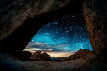 starry night sky viewed through a natural rock arch. a breathtaking celestial scene framed by desert