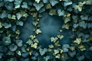 Wall Mural - Green ivy leaves framing dark teal background with copy space. Natural border for eco-friendly, garden, or nature-themed designs. St. Patrick's Day, Earth Day, or wedding invitation backdrop.