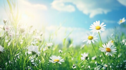 Leinwandbilder - daisies blooming in a sunny meadow under a clear blue sky during springtime. generative ai