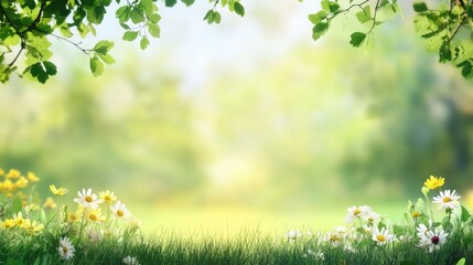Poster - Bright and cheerful wildflowers bloom under soft sunlight in a lush green meadow during springtime. Generative AI