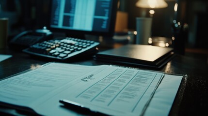 Poster - A negotiation workspace featuring printed business deals, revenue projections, and an organized executive planner.