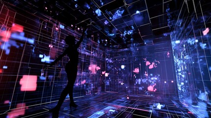 Poster - Futuristic silhouette in abstract digital space with glowing red and blue lights