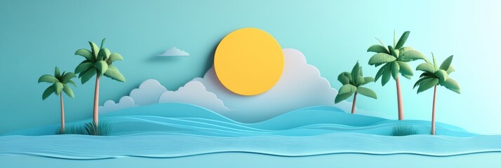 Aufkleber - bright sun over serene tropical landscape with waves and palm trees during daytime of a clear sky. g