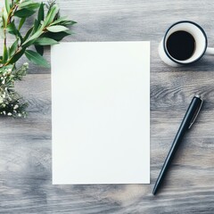 Aufkleber - Blank paper with a pen and coffee on a wooden table surrounded by greenery in a cozy workspace setting. Generative AI